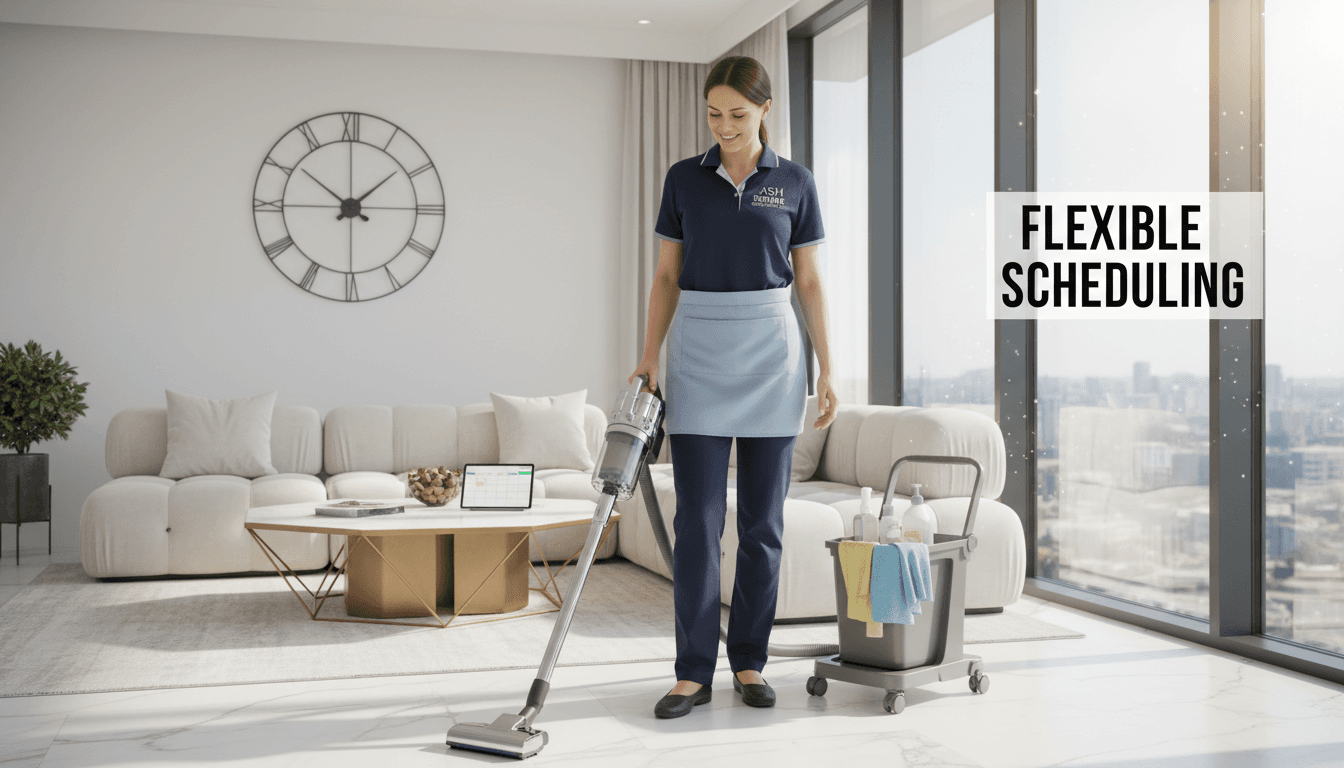 Professional cleaner in a luxurious home emphasizing flexible scheduling options.