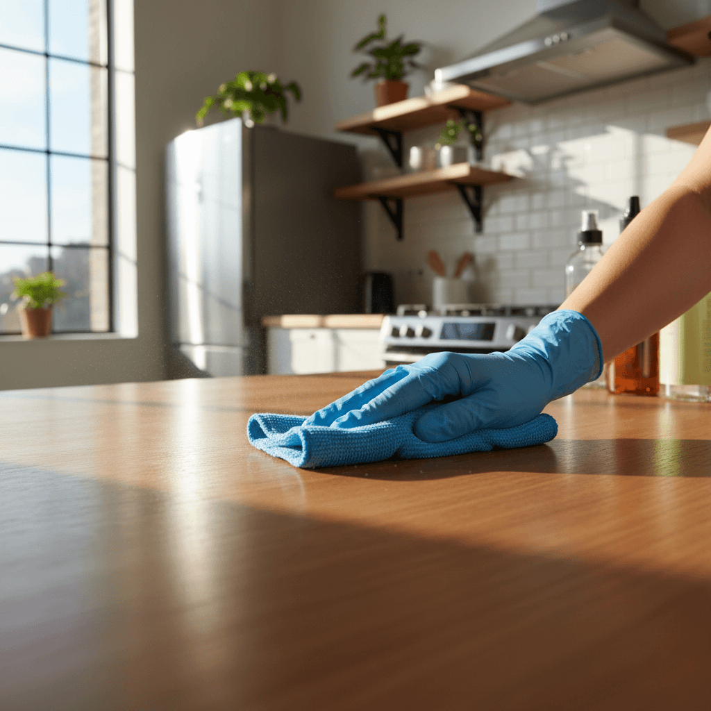 Professional cleaner polishing kitchen countertop